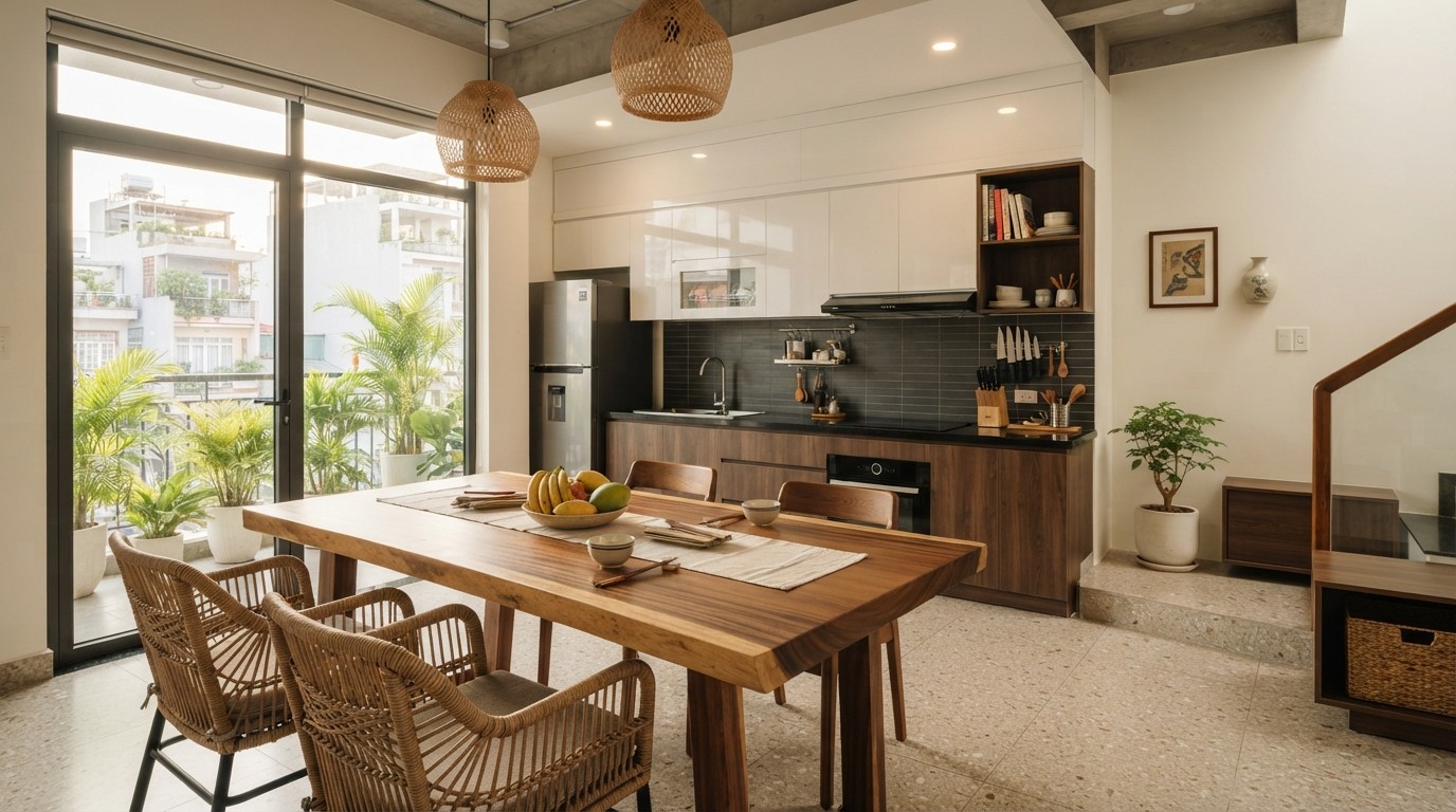 Townhouse kitchen space featuring a sturdy solid wood dining table combined with moisture-resistant engineered wood kitchen cabinets. Townhouse kitchen space featuring a sturdy solid wood dining table combined with moisture-resistant engineered wood kitchen cabinets.