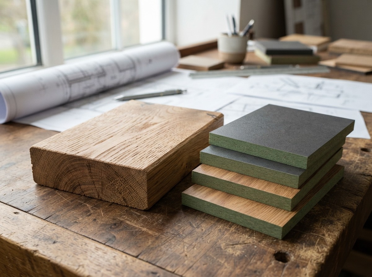 Comparing solid wood timber surface and laminate-faced engineered wood panel on an architect's desk. Comparing solid wood timber surface and laminate-faced engineered wood panel on an architect's desk.