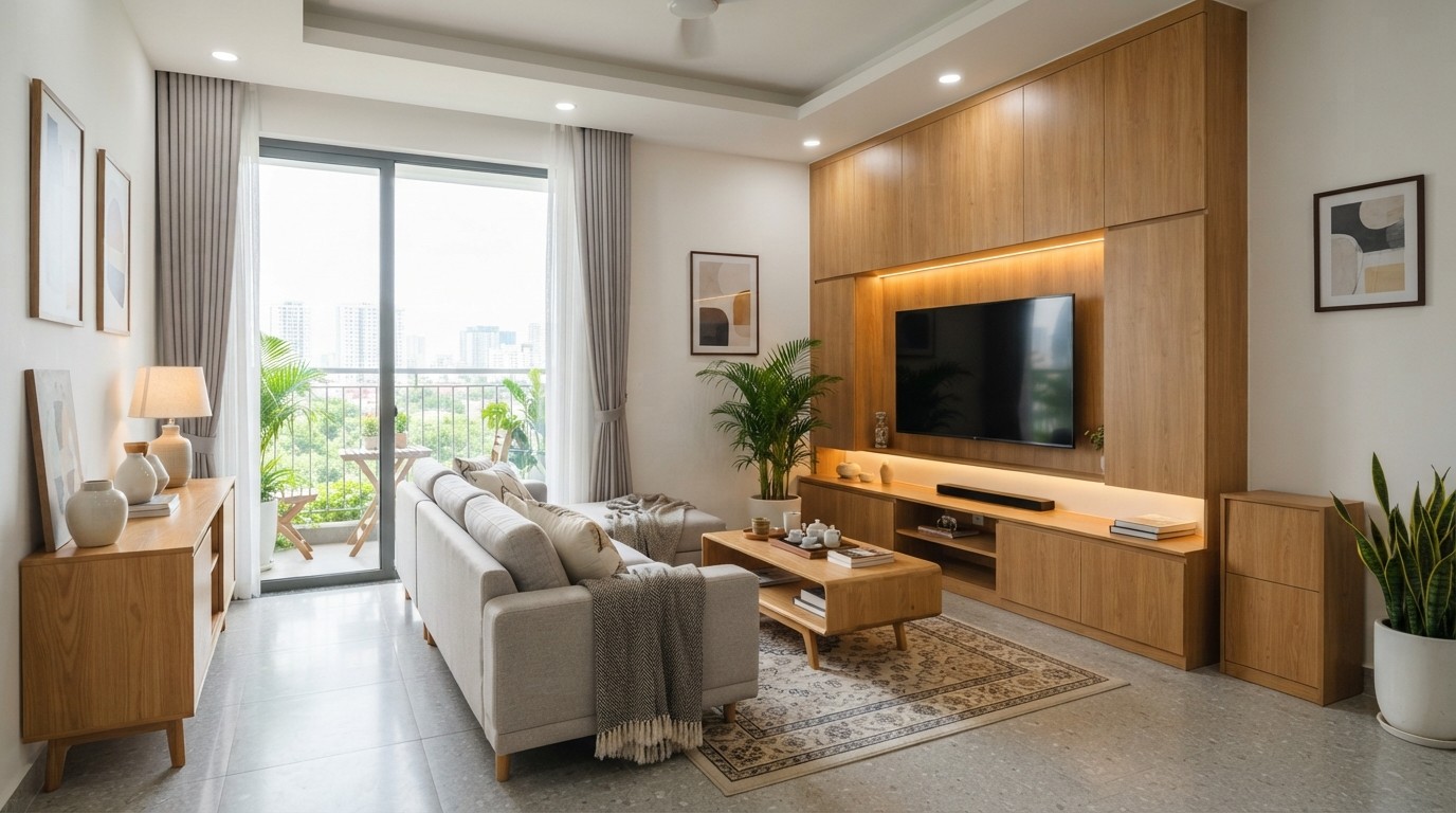 A modern apartment featuring cabinetry and a TV feature wall made of Melamine-faced engineered wood with a natural wood grain finish. A modern apartment featuring cabinetry and a TV feature wall made of Melamine-faced engineered wood with a natural wood grain finish.