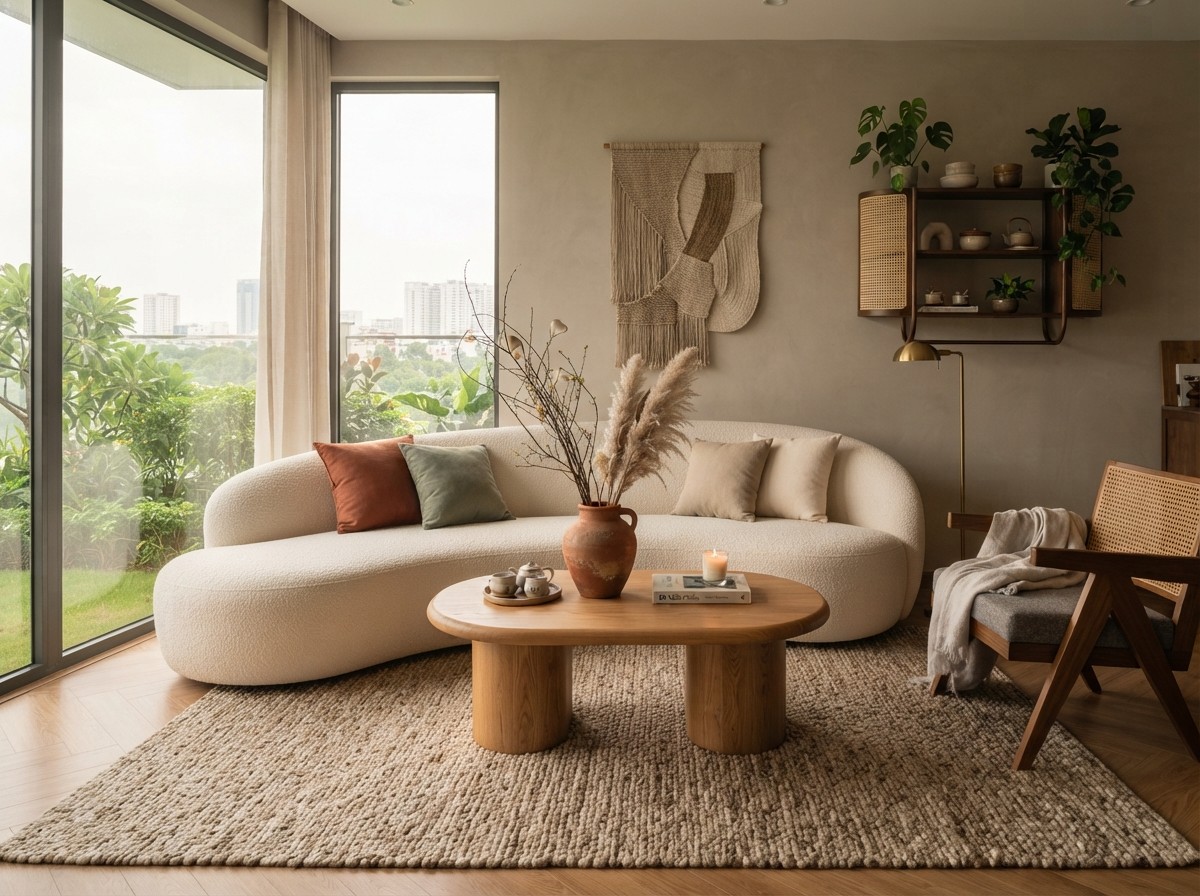 Curved light-cream sofa paired with a natural wood round coffee table in a modern living room. Curved light-cream sofa paired with a natural wood round coffee table in a modern living room.
