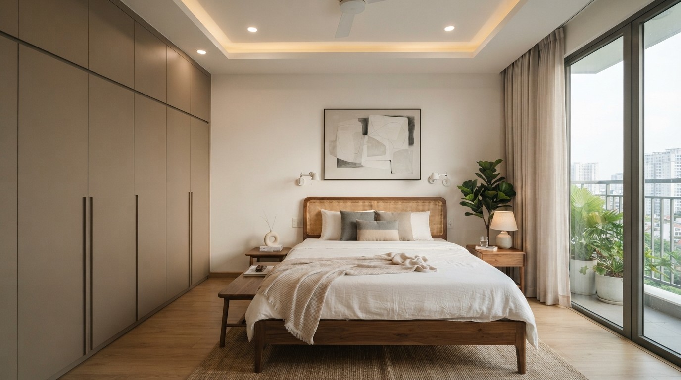 Floor-to-ceiling engineered wood wardrobe with smooth flat panels in a minimalist apartment bedroom. Floor-to-ceiling engineered wood wardrobe with smooth flat panels in a minimalist apartment bedroom.