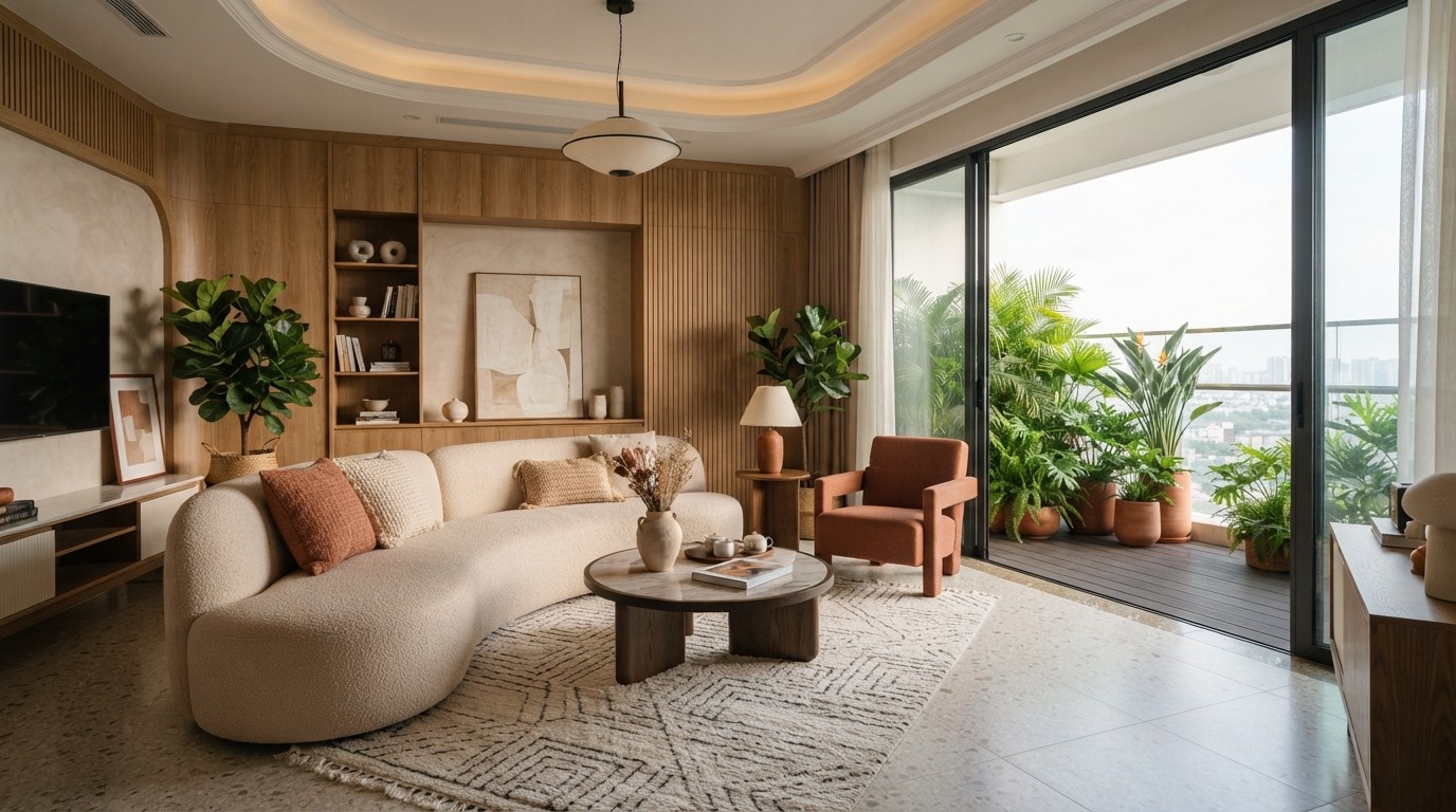 Modern 2026 living room design featuring warm neutral tones, curved sofa, and natural light. Modern 2026 living room design featuring warm neutral tones, curved sofa, and natural light.
